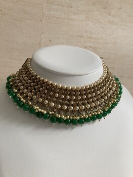 Indian Gold Plated Emerald Green Pearl Choker Set, 3 of 8