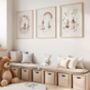 Dancing Bunny Nursery Art – Neutral Boho Wall Print Set, thumbnail 1 of 5