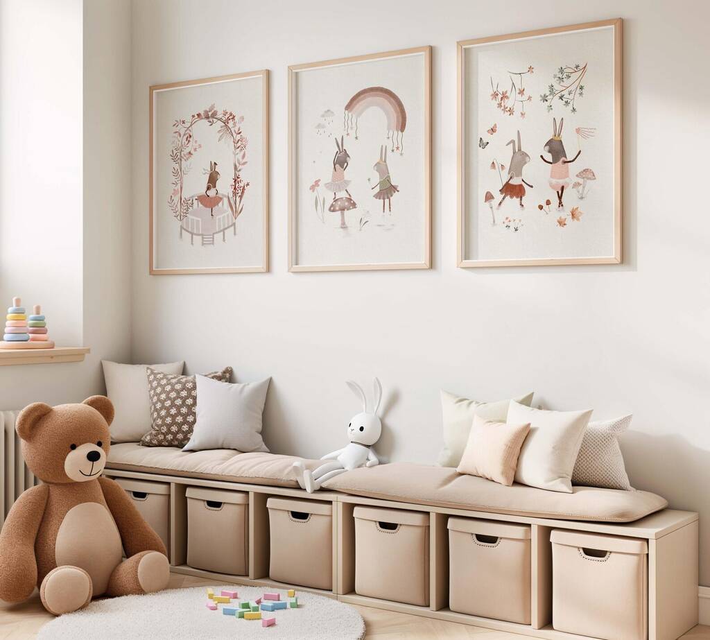 Dancing Bunny Nursery Art – Neutral Boho Wall Print Set, 1 of 5