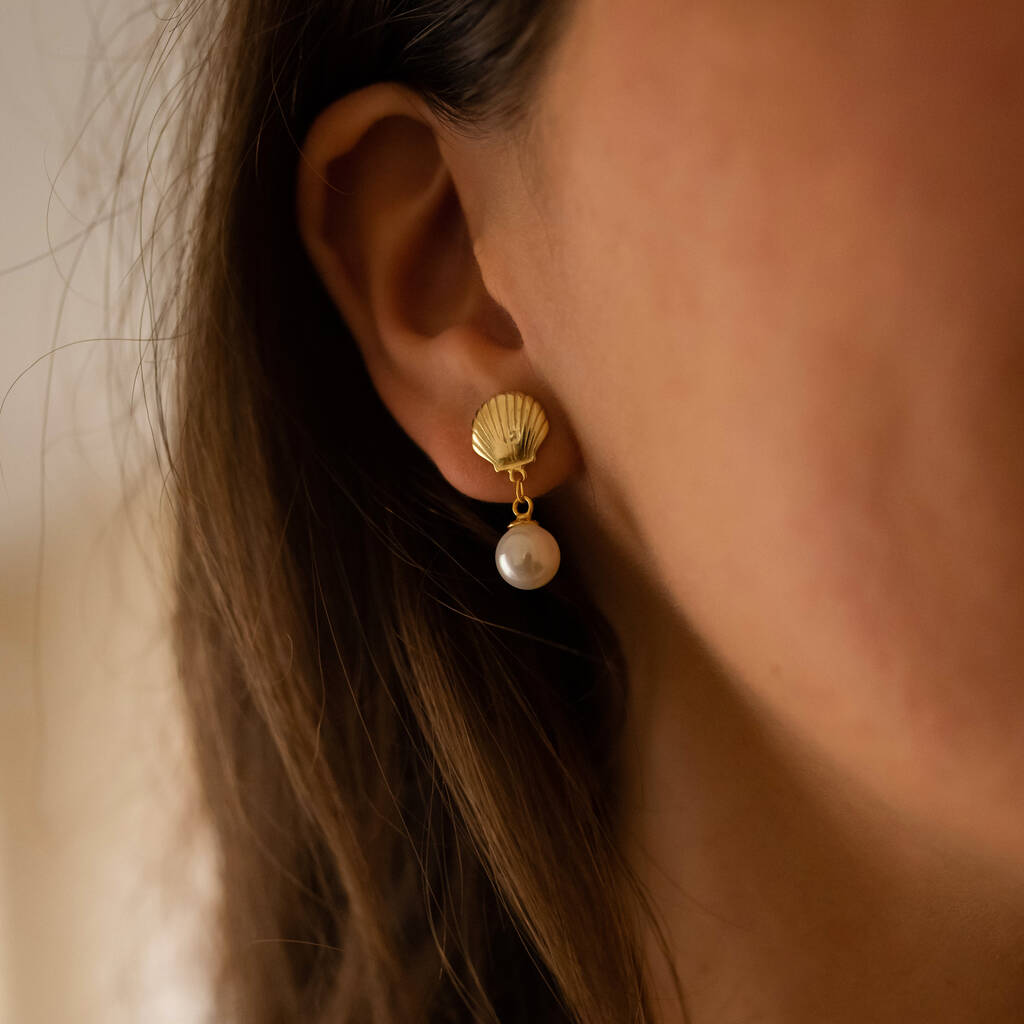 18 K Gold Mermaid Pearl Shell Stud Earrings, 1 of 4