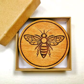 Wooden Drinks Coasters With Manchester Bee Design, 2 of 7