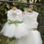Duchess Satin Flower Girl Dress – Pearl Heart Back And Tulle Skirt Handmade UK, thumbnail 4 of 8
