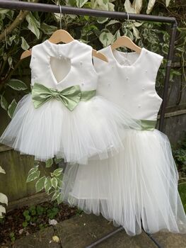 Duchess Satin Flower Girl Dress – Pearl Heart Back And Tulle Skirt Handmade UK, 4 of 8