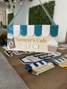 Personalised Wooden Play Kitchen Market Shop Sign Montessori Pretend Play Accessory, 3 of 6