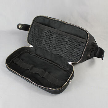 Black Leather Open Top Wash Bag With Gunmetal Zips, 7 of 7