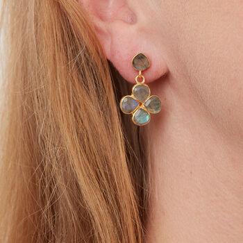 Labradorite Clover Gold Plated Silver Stud Earrings, 3 of 12