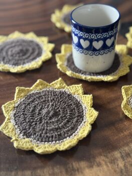 Six Crochet Coasters, Blue White, Citrus, Sunflower, 8 of 12