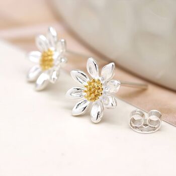 Sterling Silver Large Daisy Flower Stud Earrings, 2 of 9