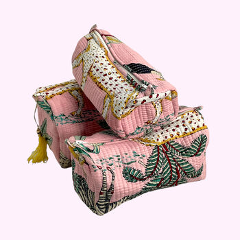 Jungle Print Cotton Washbag, Make Up Bag, With Waterproof Lining Pink, 5 of 6