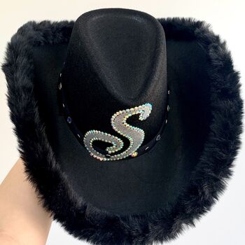 Personalised Black Cowboy Hat With Faux Fur Trim, 6 of 7