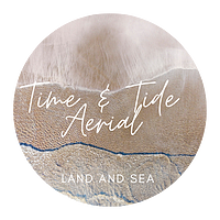 Logo for Time and Tide Aerial. Sand and waves background with white writing