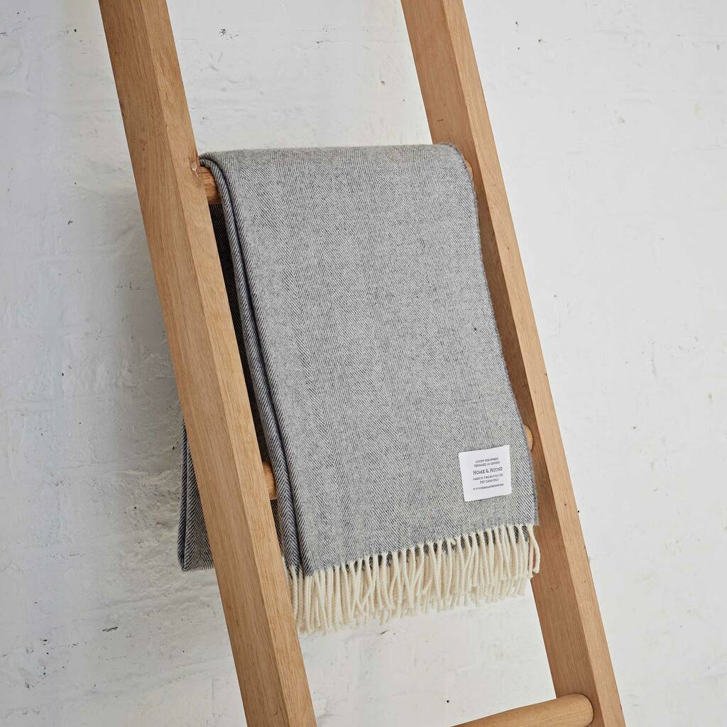 Merino Lambswool Grey Herringbone Throw By Bottle Green Homes