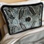 Modern, Oblong, Velvet, Ikat, Cushion With Black Silk Tassels Blue, Black And White Feather Design, thumbnail 4 of 6