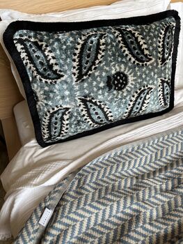 Modern, Oblong, Velvet, Ikat, Cushion With Black Silk Tassels Blue, Black And White Feather Design, 4 of 6