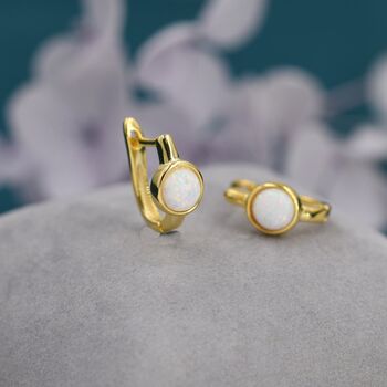 Sterling Silver White Opal Huggie Hoop Earrings, 3 of 11