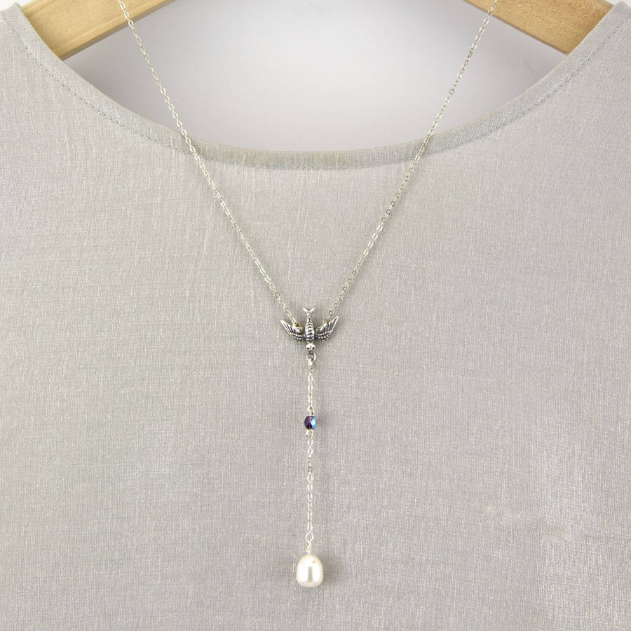 Silver Bird Freshwater Pearl Lariat Necklace By Gaamaa ...