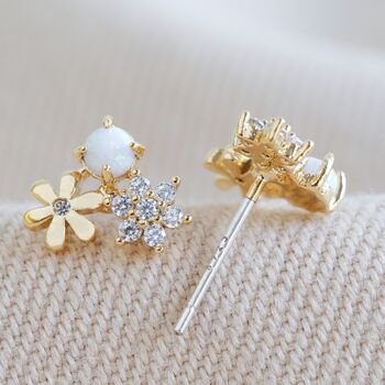 Double Flower Stud Earrings With Opal In Gold Plating, 4 of 5