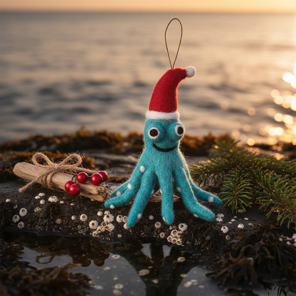 Christmas Octopus Fair Trade Handmade Felt Decoration, 1 of 9