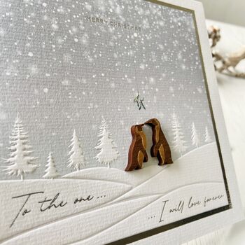 Penguin Couple Mistletoe Snowy Love Christmas Card, 6 of 10