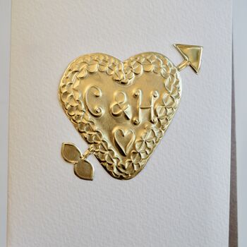 Handmade Personalised Gold Foil Scalloped Valentines Heart Arrow Card, 2 of 4