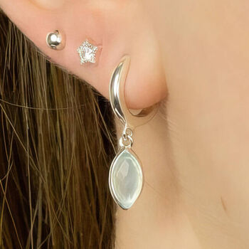 Sterling Silver Huggie Hoop Earrings With Seafoam Chalcedony Charms, 2 of 10