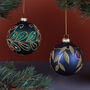 G Decor Hand Painted Glass Christmas Bauble Hanging Decoration Jewel Scrollwork Green Or Leaf And Olive Deep Blue, thumbnail 1 of 4