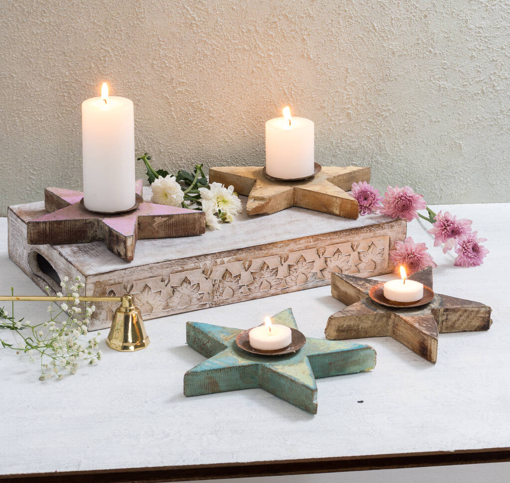 Reclaimed Wooden Star Shaped Candle Holders By Mytri Designs