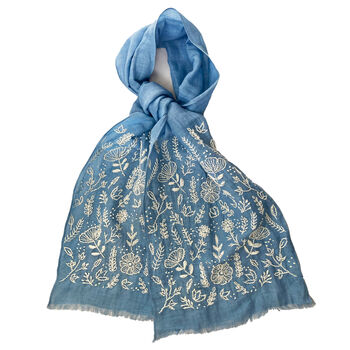 Hand Embroidered 100% Linen Scarf In Denim Blue Floral, 2 of 6
