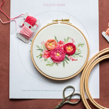 Raspberry And Peach Bouquet Embroidery Hoop Kit, 7 of 9