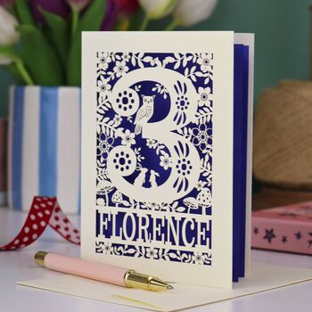 Personalised 3rd Birthday Card Papercut Woodland Design, 7 of 7