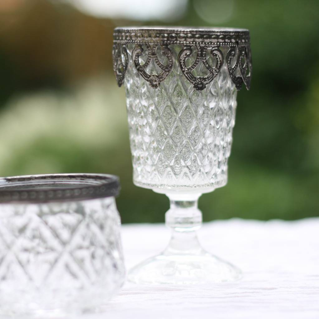 Pressed Glass Footed Vase/Candle Holder Metal Rim By The Wedding Of My Dreams