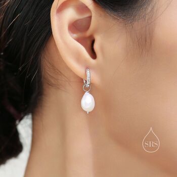 Sterling Silver Baroque Pearl Hammered Hoop Earrings, 6 of 10
