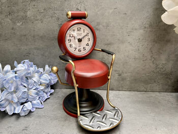 Barber’s Chair Table Clock – Red And Black Metal Ornament, 8 of 12