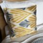 Square Ikat Silk Cushion Yellow And Blue Feather, thumbnail 5 of 8