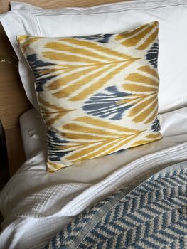 Square Ikat Silk Cushion Yellow And Blue Feather, 5 of 8