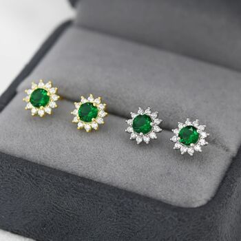 Sterling Silver Emerald Flower Stud Earrings, 2 of 11