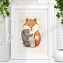 Hugging Fox Family Whimsical Childrens Bedroom Art Print, thumbnail 1 of 4