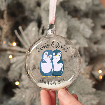 Personalised Penguin Couple Glass Christmas Tree Bauble, 2 of 4