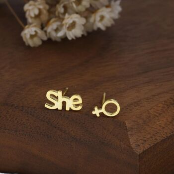 Mismatched Sterling Silver Female Symbol And She Stud Earrings, 7 of 12