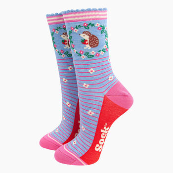Women's Bamboo Socks Blue Hedgehog Wreath Strawberry, 3 of 4