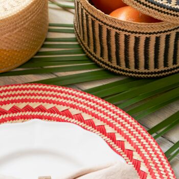 Woven Natural Straw Red Round Placemats, 6 of 8