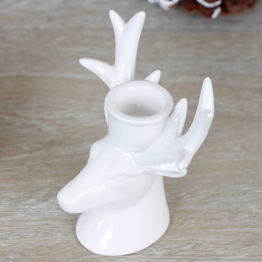 White Ceramic Deer Candlestick Holder By Dibor