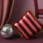 Trapeze Girl Double Sided Velvet Cushion Deep Berry Red And Stripes, thumbnail 3 of 4