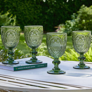 Four Gooseberry Green Embossed Wine Goblets, 6 of 8