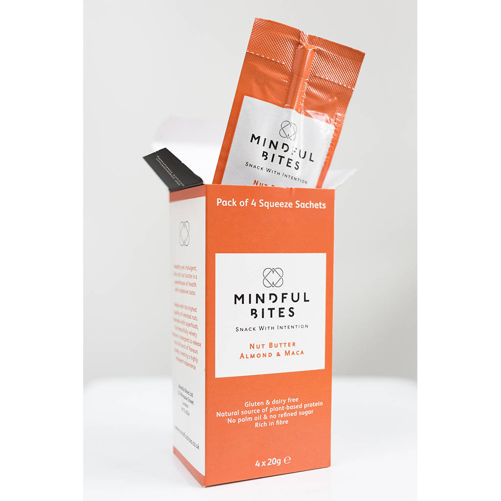 almond and maca nut butter box of 12 sachets by mindful bites