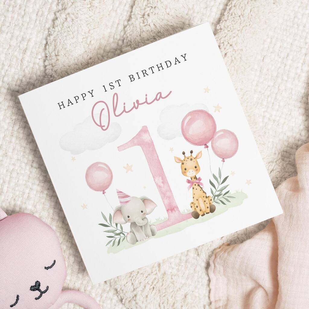 Personalised Pink Safari 1st Birthday Card For Girl, 1 of 6