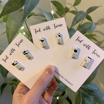 Mint Green And Gold Ceramic Bar Stud Earrings Abstract Splatter Minimalist Studs, 2 of 10