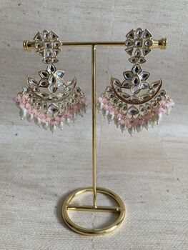 Pink Gold Plated Kundan Pearl Earrings And Tikka Set, 4 of 4