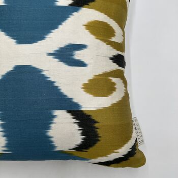 Square Ikat Silk Cushion Ochre And Blue Heart, 4 of 11