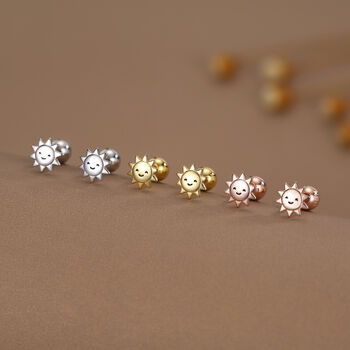 Sterling Silver Cute Sun 18 G Screw Back Stud Earrings With Ball Backs, 2 of 11